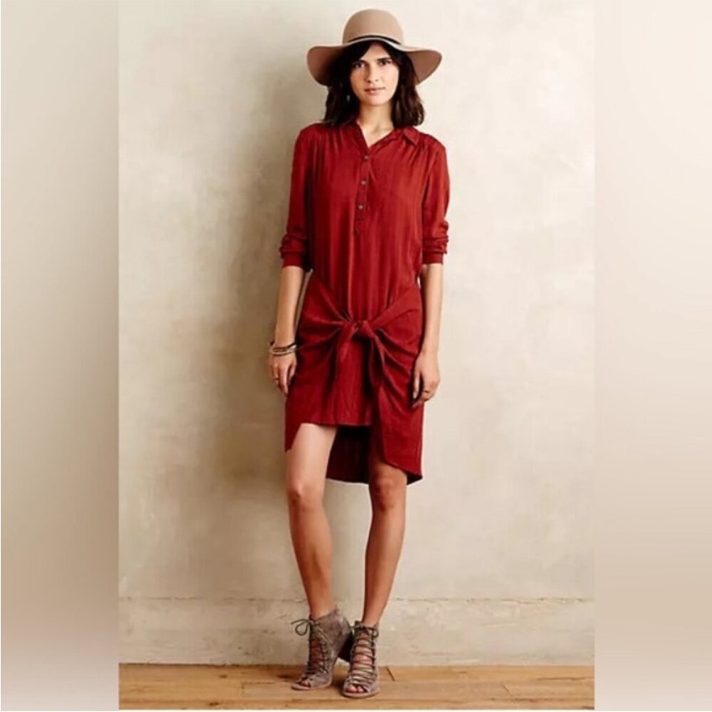 Maeve by Anthropologie Bloomsbury Shirt Dress 4 Red Brown Rust Rayon Wrap Tie